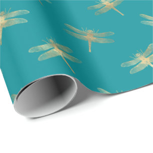 Papier Cadeau Motif de libellules d'or Turquoise moderne