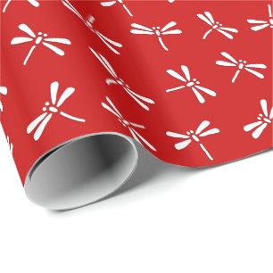 Papier Cadeau Motif de libellules japonais, rouge profond et bla