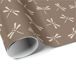 Papier Cadeau Motif de libellules japonaises, crème et Taupe Tan