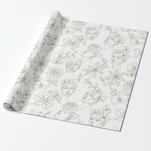 Papier Cadeau Motif de ligne de visage floral vintage noir et bl