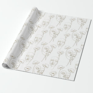 Papier Cadeau Motif de ligne de visage floral vintage noir et bl