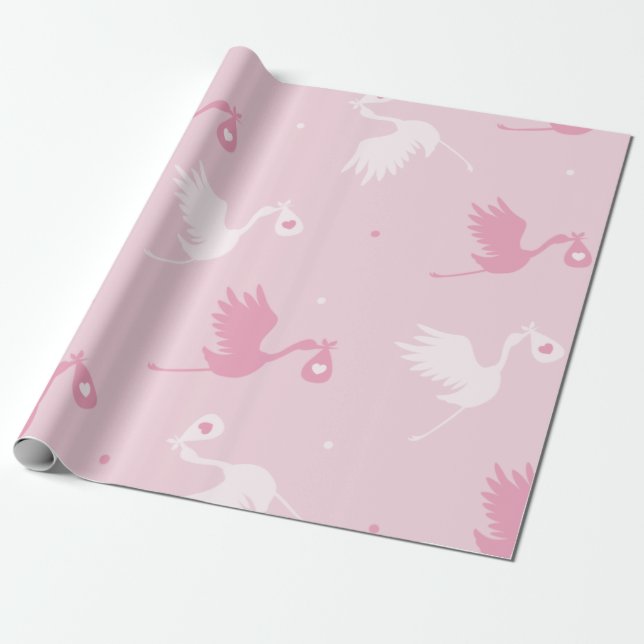 Papier Cadeau Motif de livraison d'oiseaux à la cigogne rose et  (Déroulé)