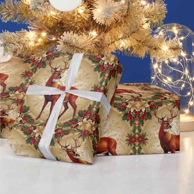 Papier Cadeau Motif de luxe Red Deer Moose Gold Snow Joyeux Noël (Vacances)
