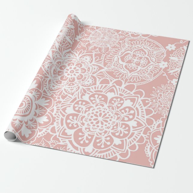 Papier Cadeau Motif de Mandala rose et blanc (Déroulé)