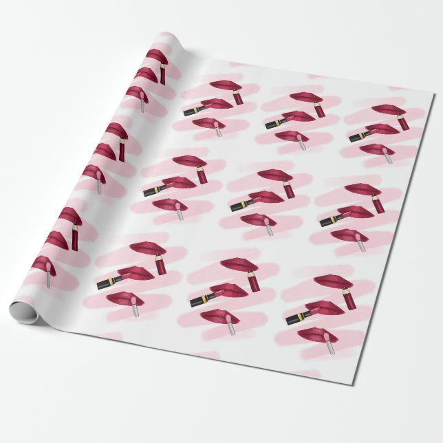 Papier Cadeau Motif de maquillage à lèvres rose Viva Magenta (Déroulé)