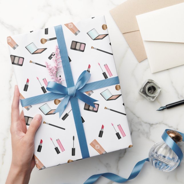 Papier Cadeau Motif De Maquillage Avec Lèvres, Mascara, Brosses  (Cadeaux)