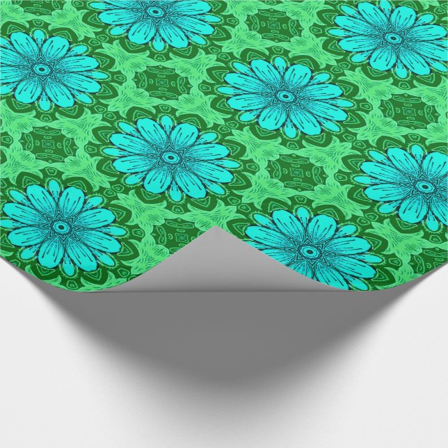Papier Cadeau Motif de marguerite géométrique en Turquoise et Ve (Coin)