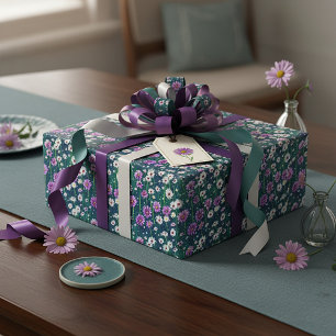 Papier Cadeau Motif de marguerites violettes et blanches