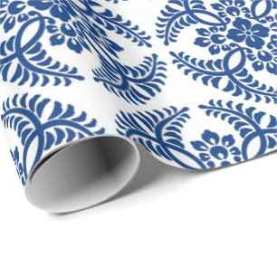Papier Cadeau Motif de médaillon, bleu de cobalt et blanc