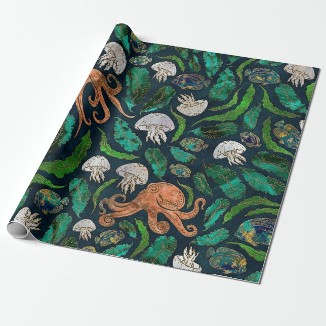 Papier Cadeau Motif de méduses et de poulpes (Déroulé)