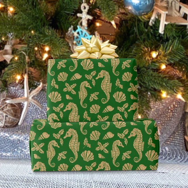 Papier Cadeau Motif de mer de Noël côtier Gold Green (Créateur téléchargé)