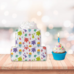 Papier Cadeau Motif de monstre coloré   Blanc
