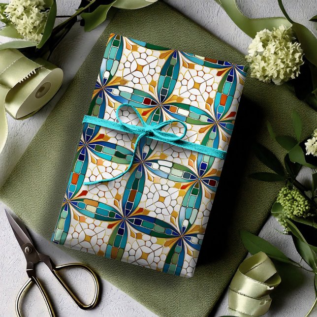 Papier Cadeau Motif de mosaïque géométrique n° 5 Turquoise blanc (Créateur téléchargé)