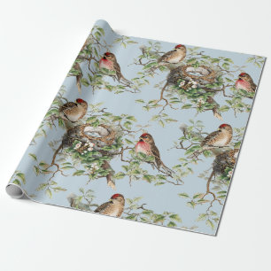 Papier Cadeau Motif de nid d'oiseaux Vintage Bleu Nature Découpa