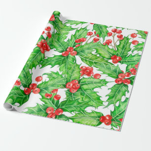 Papier Cadeau Motif de Noël à l'aquarelle de baie blanche