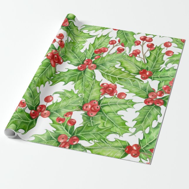Papier Cadeau Motif de Noël à l'aquarelle de baie blanche (Déroulé)