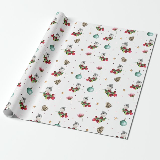 Papier Cadeau Motif de Noël Aquarelle d'hiver (Déroulé)