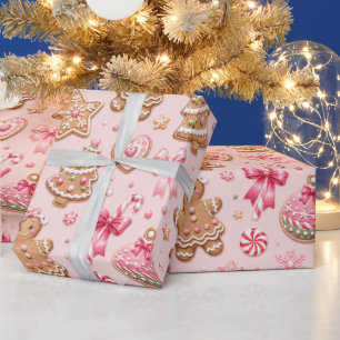 Papier Cadeau Motif de Noël aux biscuits en pain d'épices roses