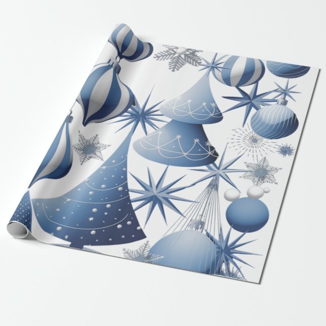 Papier Cadeau Motif de Noël bleu et blanc (Déroulé)