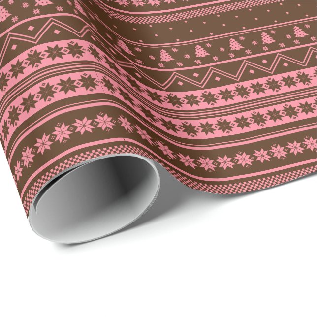 Papier Cadeau Motif de Noël Brown et rose nordique (Coin rond)