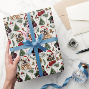 Papier Cadeau Motif de Noël Bulldog avec des chapeaux de Père No