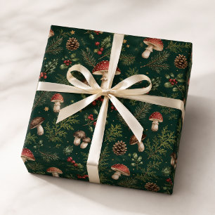 Papier Cadeau Motif de Noël Champignon Cottagecore Vert Foncé