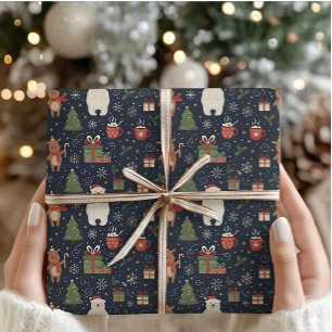 Papier Cadeau Motif de Noël cosy Renne Ours Polaire Écharpe