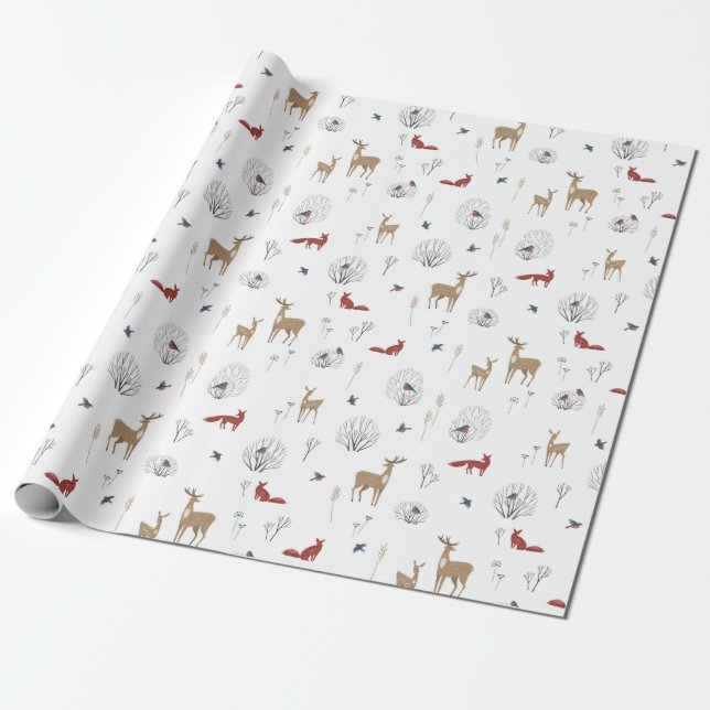 Papier Cadeau Motif de Noël d'animaux sauvages en hiver (Déroulé)