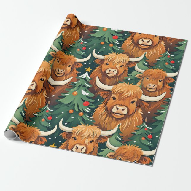 Papier Cadeau Motif de Noël de la vache Highland (Déroulé)