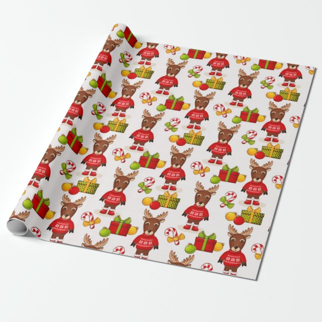 Papier Cadeau Motif de Noël de mignonne Reindeer (Déroulé)