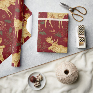 Papier Cadeau motif de noël de rennes d'or élégant