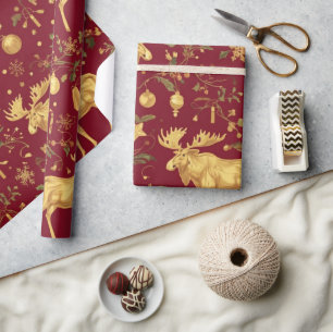 Papier Cadeau motif de noël de rennes d'or élégant