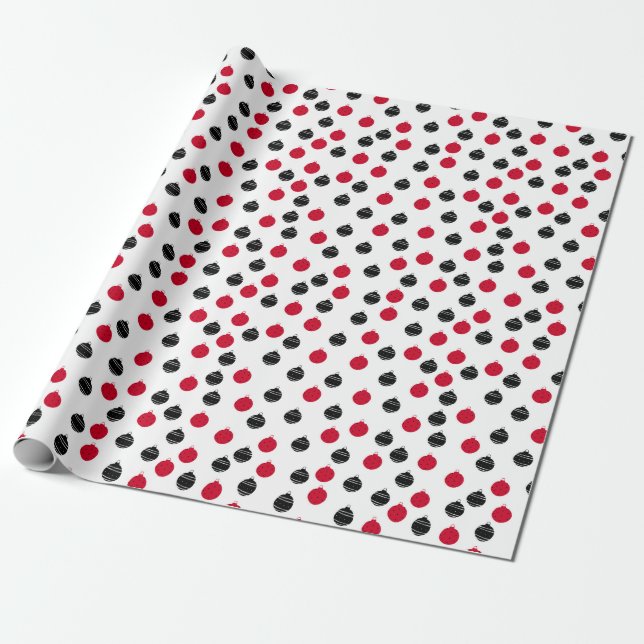 Papier Cadeau Motif De Noël De Rouge, Boules D'Ornement Noir (Déroulé)