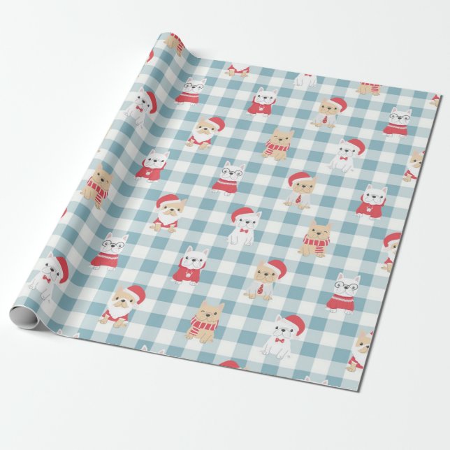 Papier Cadeau Motif de Noël des chiots Bulldog français mignon (Déroulé)