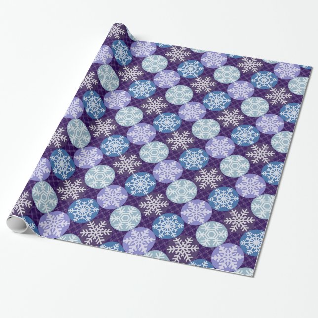 Papier Cadeau Motif de Noël des flocons de neige bleu et violet (Déroulé)