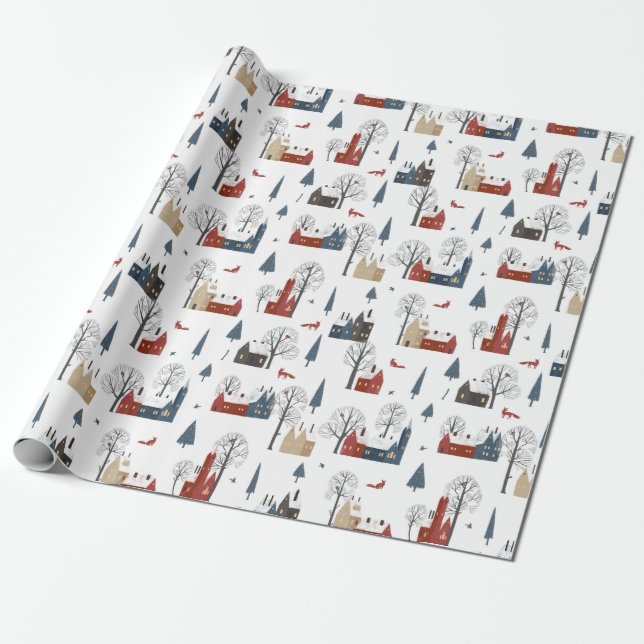 Papier Cadeau Motif De Noël Des Maisons De Village Et Renard Rou (Déroulé)