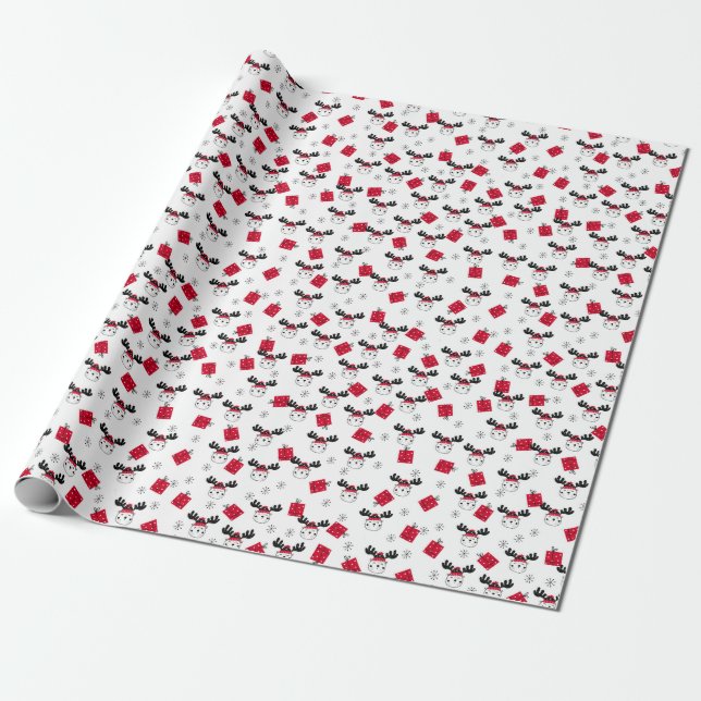 Papier Cadeau Motif de Noël drôle de cerf, cadeau, flocon de nei (Déroulé)