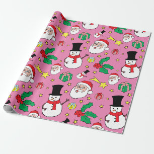 Papier Cadeau Motif de Noël du Père Noël Snowman rose