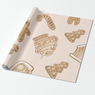 Papier Cadeau motif de Noël en pain d'épices rose sucré