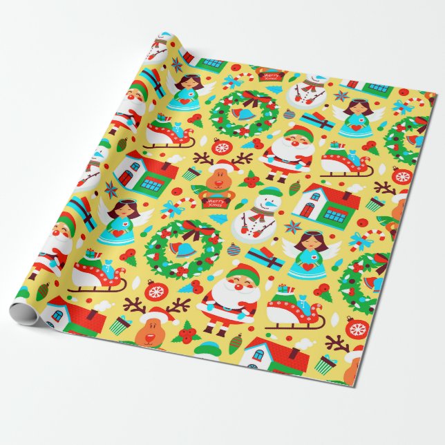 Papier Cadeau Motif de Noël jaune mignon (Déroulé)