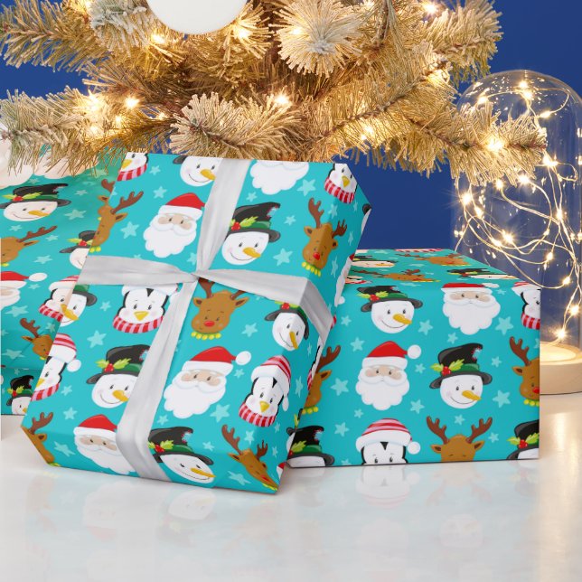 Papier Cadeau Motif de Noël mignon sur bleu (Vacances)