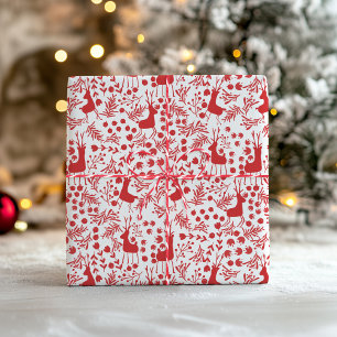 Papier Cadeau Motif de Noël Minimaliste Renne Rouge, Feuillage