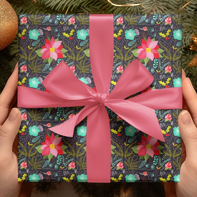 Papier Cadeau Motif de Noël moderne Poinsettia (Créateur téléchargé)