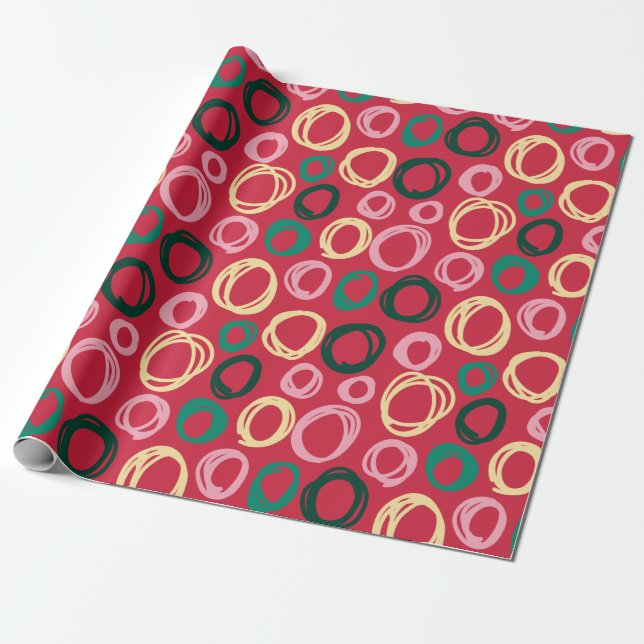 Papier Cadeau Motif de Noël moderne Red Black Gold Cercles (Déroulé)