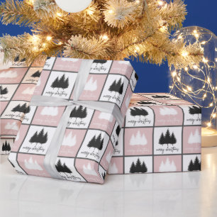 Papier Cadeau Motif de Noël moderne rose et blanc