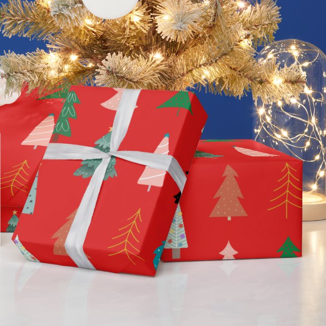 Papier Cadeau Motif de Noël moderne rouge vert arbres chic (Vacances)