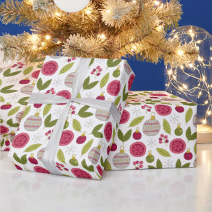 Papier Cadeau Motif de Noël rose Bauble vert