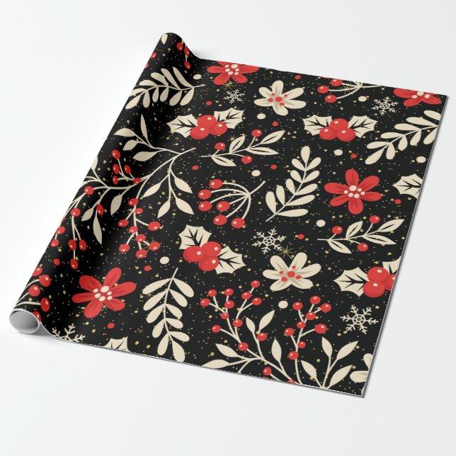 Papier Cadeau Motif de Noël rouge et blanc sur noir (Déroulé)