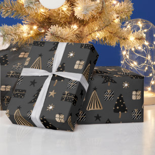 Papier Cadeau Motif de Noël scandinave moderne noir or