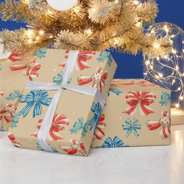Papier Cadeau Motif de nœud rouge, bleu, vert et blanc (Vacances)